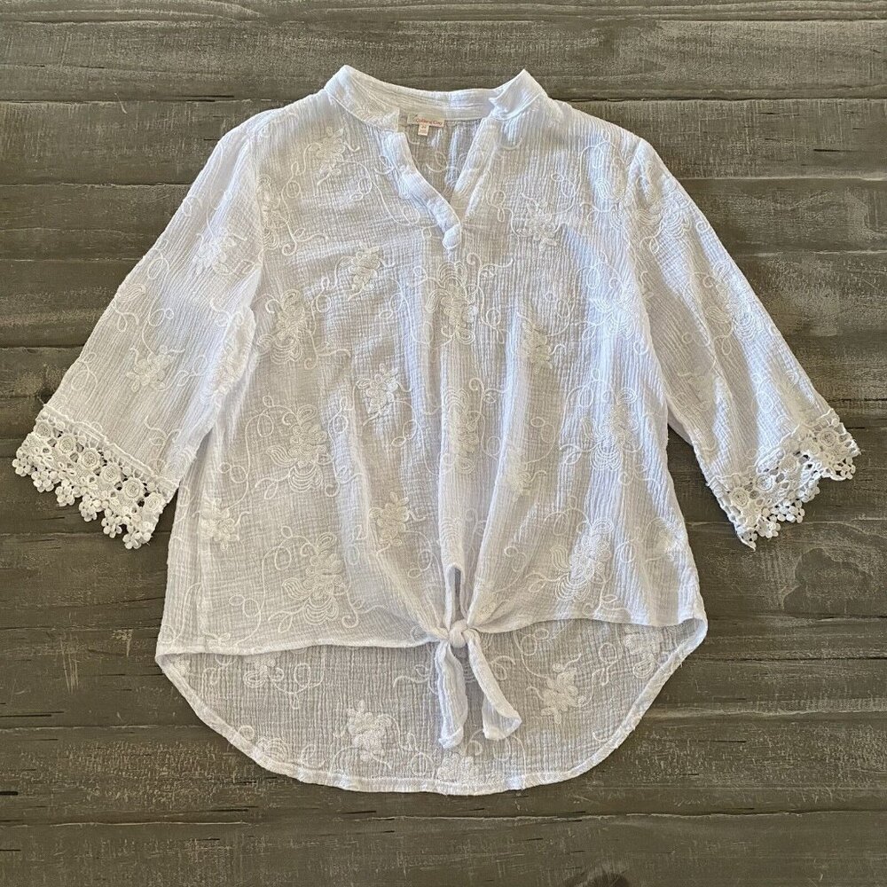 Cabana Cay Blouse‎ Women's Size Medium White Lace Floral Stitching Tunic Boho
